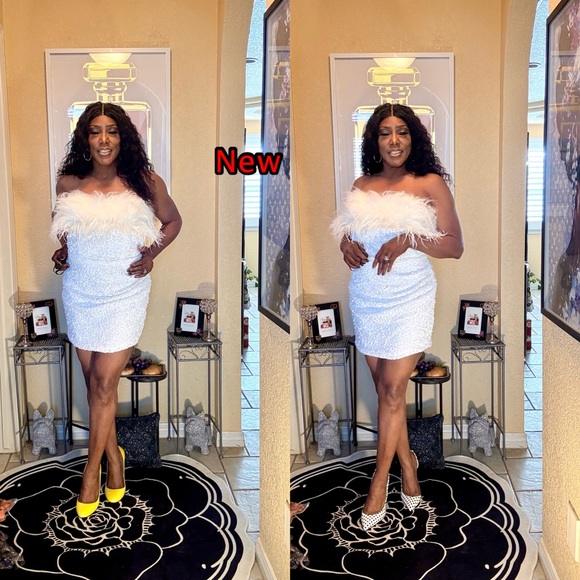 White Strapless Dress with Furry Trim - Picture 6 of 13